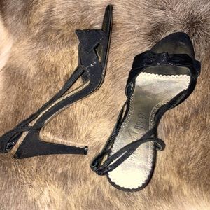 Black satin strap heeled sandal with fashionable bow on top strap 4” heel